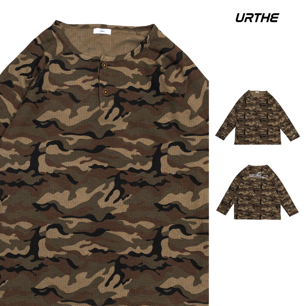 URTHE - เสื้อยืดเเขนยาว ลายพราง รุ่น CAMO WAFFLE HENLEY T-SHIRT - Col. JUIS LILITH