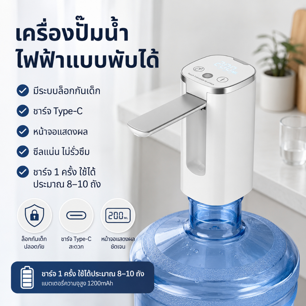 เครื่องกรองน้ำ ปั๊มน้ำพับได้อัจฉริยะ วัดปริมาณน้ำได้ หน้าจอแสดงผล ล็อคเด็ก ใช้ได้ทุกถัง พกพาสะดวก