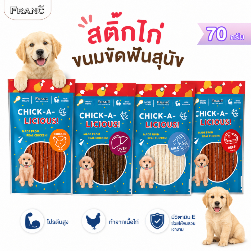 FRANC ขนมสุนัข แท่งซอฟสติ๊กไก่แท้ 4 รส ไก่ ตับ นม เนื้อ 70g นิ่ม เคี้ยวง่าย โปรตีนสูง