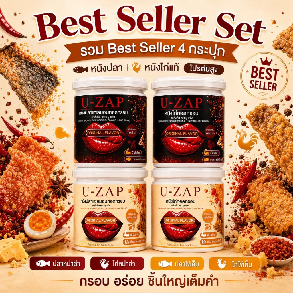 U-ZAP Best Seller Set 4 กระปุก หนังไก่+หนังปลาแซลมอนทอดกรอบ พร้อมผงปรุงรส | Premium Snack