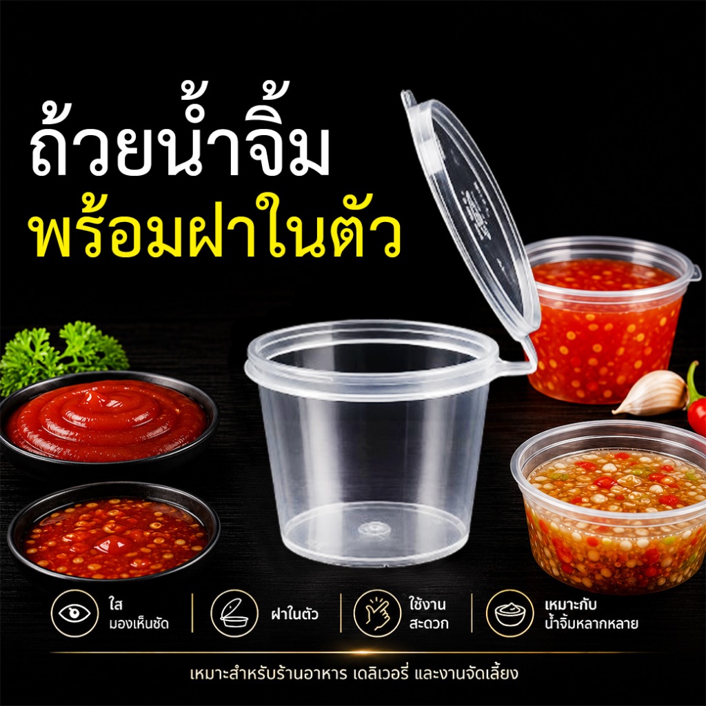 สินค้าพร้อมส่ง (50ใบ) ถ้วยน้ำจิ้มพลาสติกใส มีฝาติด ขนาด1-3ออนซ์ สำหรับใส่เครื่องปรุง ซอส น้ำจิ้ม