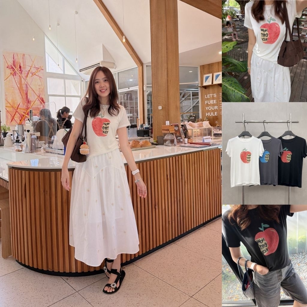 APPLE POP T.Shirt 🇰🇷 .เสื้อยืดลายแอปเปิล graphic เกาหลี เนื้อผ้าบางนุ่มอย่างดี