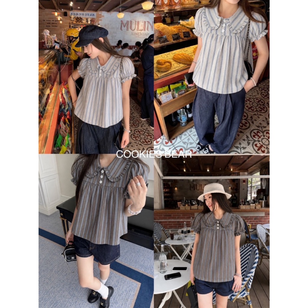 W12/2 - Cookies Bear เสื้อคอบัวระบาย แขนตุ๊กตาระบาย ผ้าคอตตอนลายริ้ว