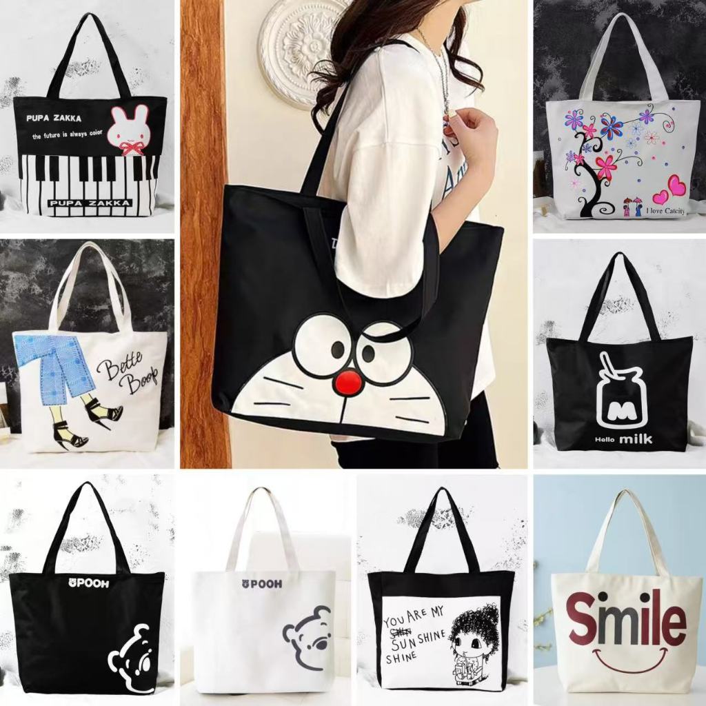 กระเป๋าผ้าแฟชั่น ขนาดใหญ่ ลายน่ารัก มีซิป แบบถือสะพายไหล่กระเป๋าผ้า TOTE สไตล์ญี่ปุ่น