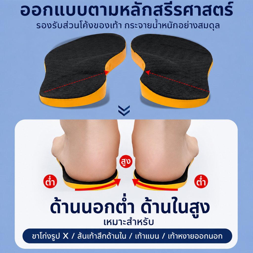 X พื้นรองเท้าด้านในรองรับส่วนโค้งแบบนุ่ม เดินแบบขา X รองเท้าสึกด้านใน รองรับอุ้งเท้าได้ นุ่มสบาย ชายหญิงใช้ได้ ซักน้ำได้