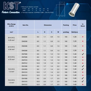 KST ข้อต่อย้ำสายแบบเปลือย 0.75mm²-6mm² รุ่น EN7506-EN6012 ถุงละ50ชิ้น