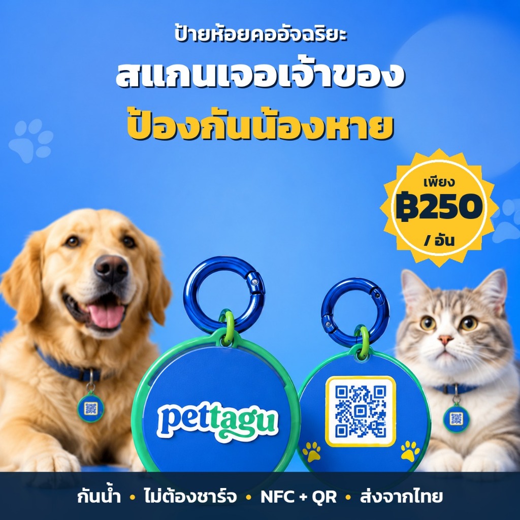 ป้ายห้อยคอสัตว์เลี้ยง ป้ายชื่อสุนัข ป้ายชื่อแมว NFC QR สแกนเจอเจ้าของ ป้องกันน้องหาย กันน้ำ ไม่ต้องชาร์จ Pettagu Pet Tag
