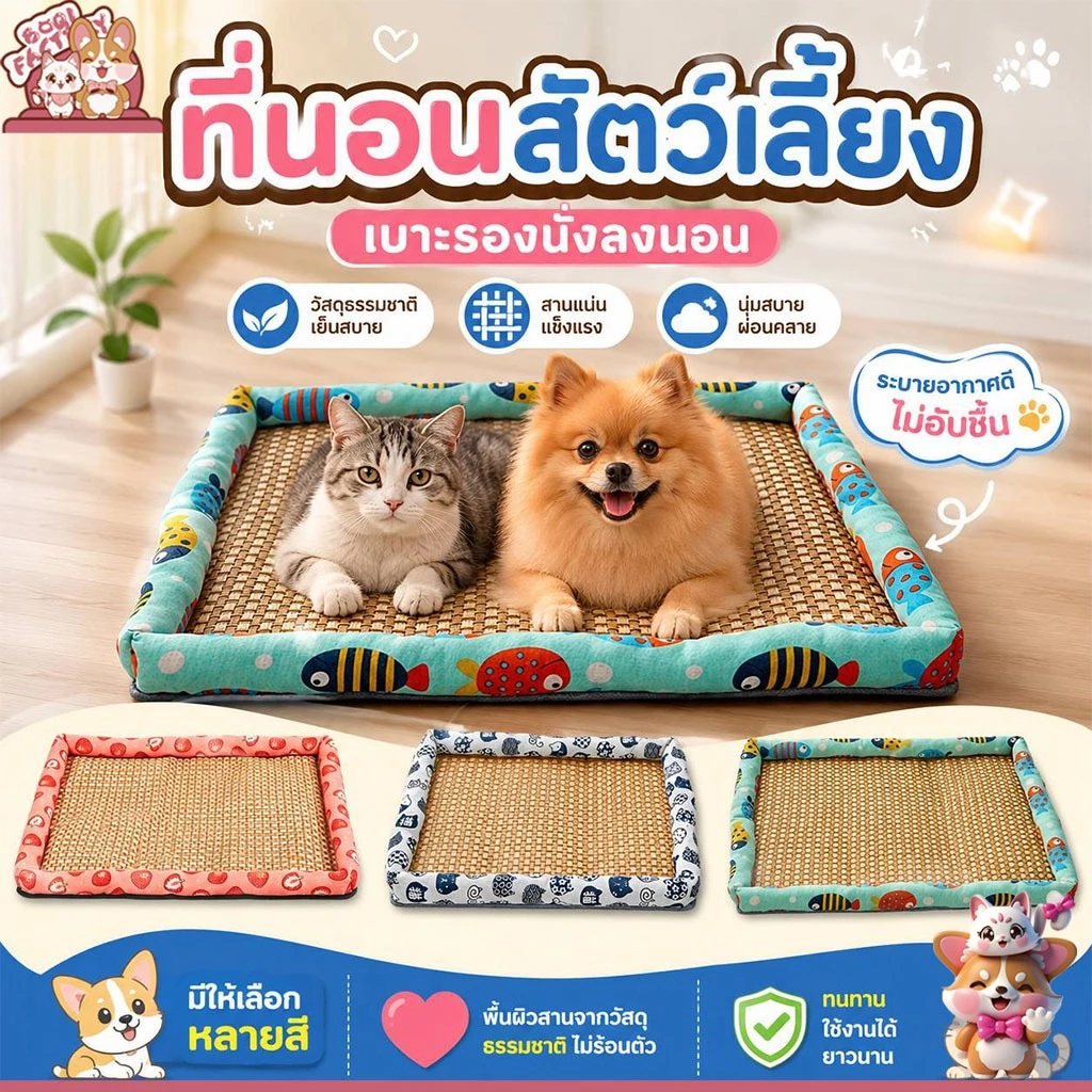 Boqi Factory ที่นอนสัตว์เลี้ยง เสื่อหวายระบายอากาศ เบาะรองนั่งนองนอน สุนัขและแมว Haki
