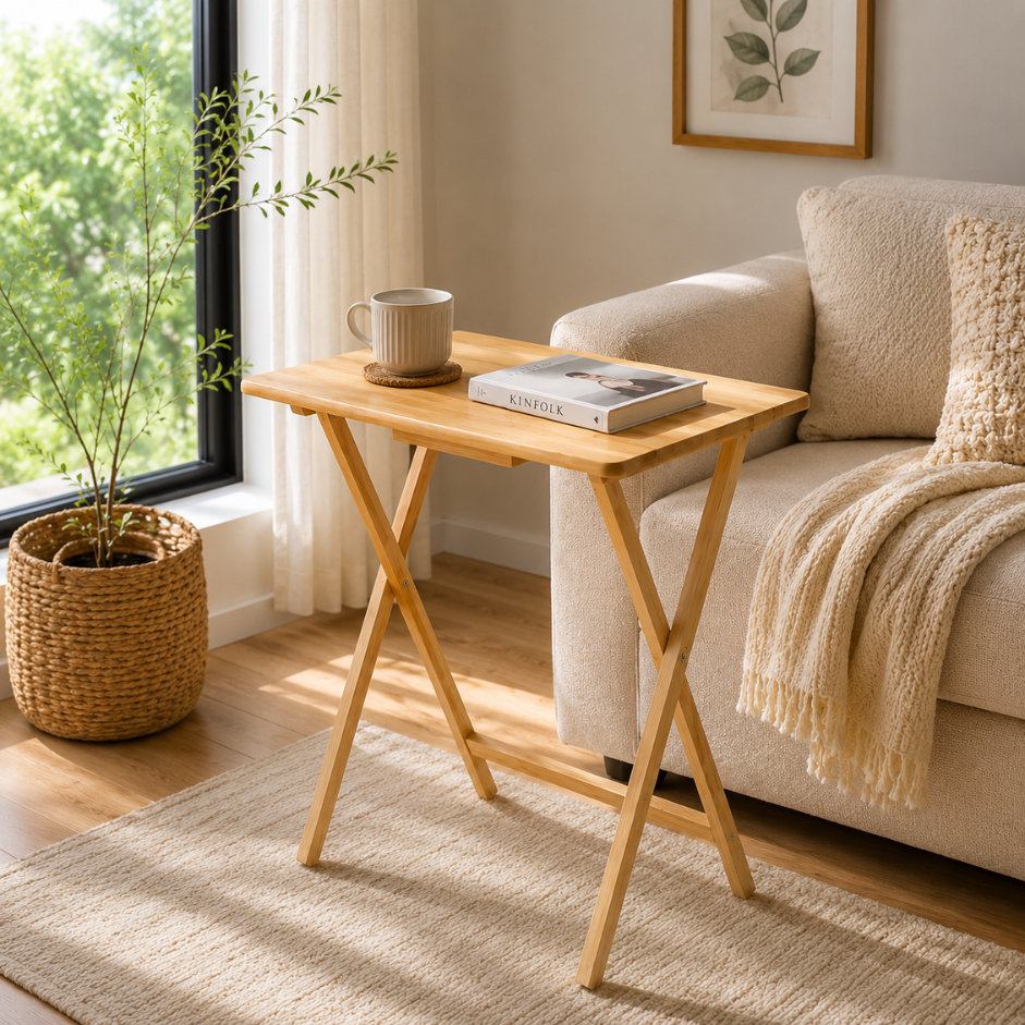 PJ wood โต๊ะไม้พับได้ โต๊ะทำงานมินิมอล โต๊ะวางของอเนกประสงค์ Large Foldable Rubberwood Tray Table