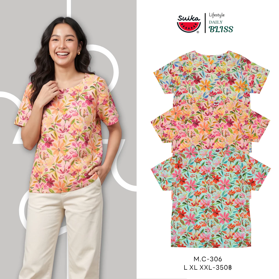 เสื้อแตงโม (SUIKA) - เสื้อผ้าป่านมัสลิน คอปาดกระดุมหลัง 3 เม็ด แขนสั้น ลายดอกไม้ (M.C-319 511 306 156)