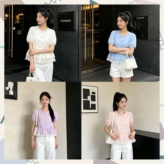 XWbrand เสื้อผู้หญิงสไตล์ฝรั่งเศสหวานโรแมนติก แต่งลูกไม้ชายระบาย แขนสั้นพอง ผ้าบางเบาใส่สบาย น่ารักมาก
