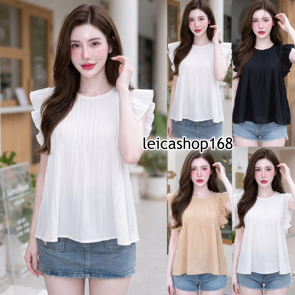 สินค้าพร้อมส่ง เสื้อแฟชั่น ผ้าด็อบบี้ คอกลม แขนกุดแต่งระบาย ดีเทลแต่งจีบหน้า ทรงปล่อย กระดุมหลัง ใส่แมท ใส่สบาย  LG389