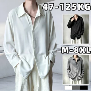 เสื้อผู้ชายไซส์ใหญ่ เสื้อเชิ้ตแขนยาว 47-125KG ทรงหลวม ทำจากผ้าไหมเย็น ระบายอากาศได้ สไตล์เกาหลี คนอ้วน