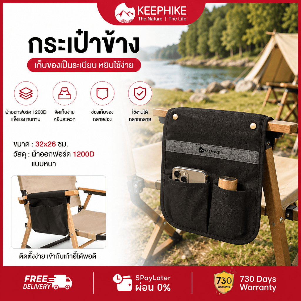 KEEPHIKE กระเป๋าข้างที่วางแขนเก้าอี้ Kermit ทนทานต่อการฉีกขาด สามารถถอดออกได้ จัดเก็บง่าย กระเป๋าเก็บอุปกรณ์ตั้งแคมป์