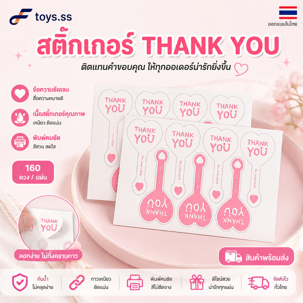 สติ๊กเกอร์ Thank You รูปหัวใจ สีชมพู น่ารัก สำหรับแพ็คสินค้า ตกแต่งกล่อง เพิ่มมูลค่าให้สินค้า