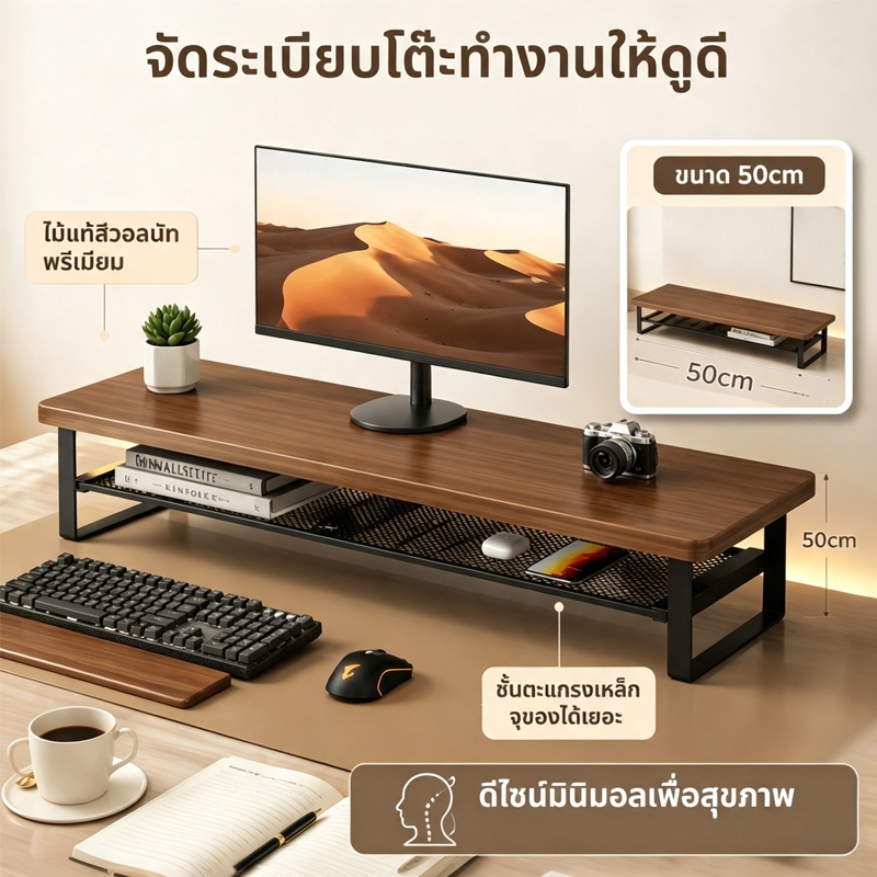 ที่วางจอคอมสีไม้วอลนัท ชั้นวางจอ 2ชั้น 50/70cm พร้อมที่เก็บคีย์บอร์ด จัดระเบียบโต๊ะทำงาน สั่งเลย
