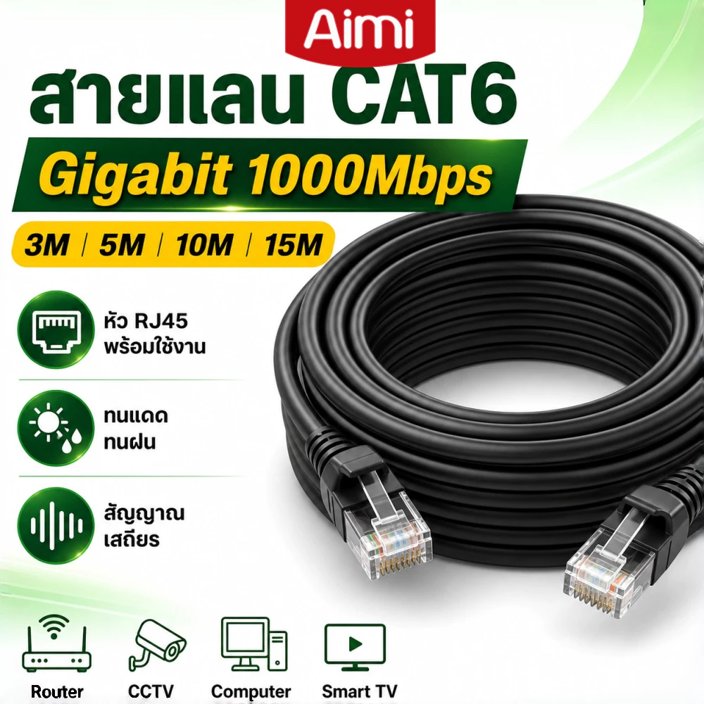 Aimi สายแลน CAT6 หัว RJ45 สำเร็จรูป สายภายนอก ทนแดดทนฝน สำหรับ Router CCTV คอมพิวเตอร์ 3/5/10/15 เมตร
