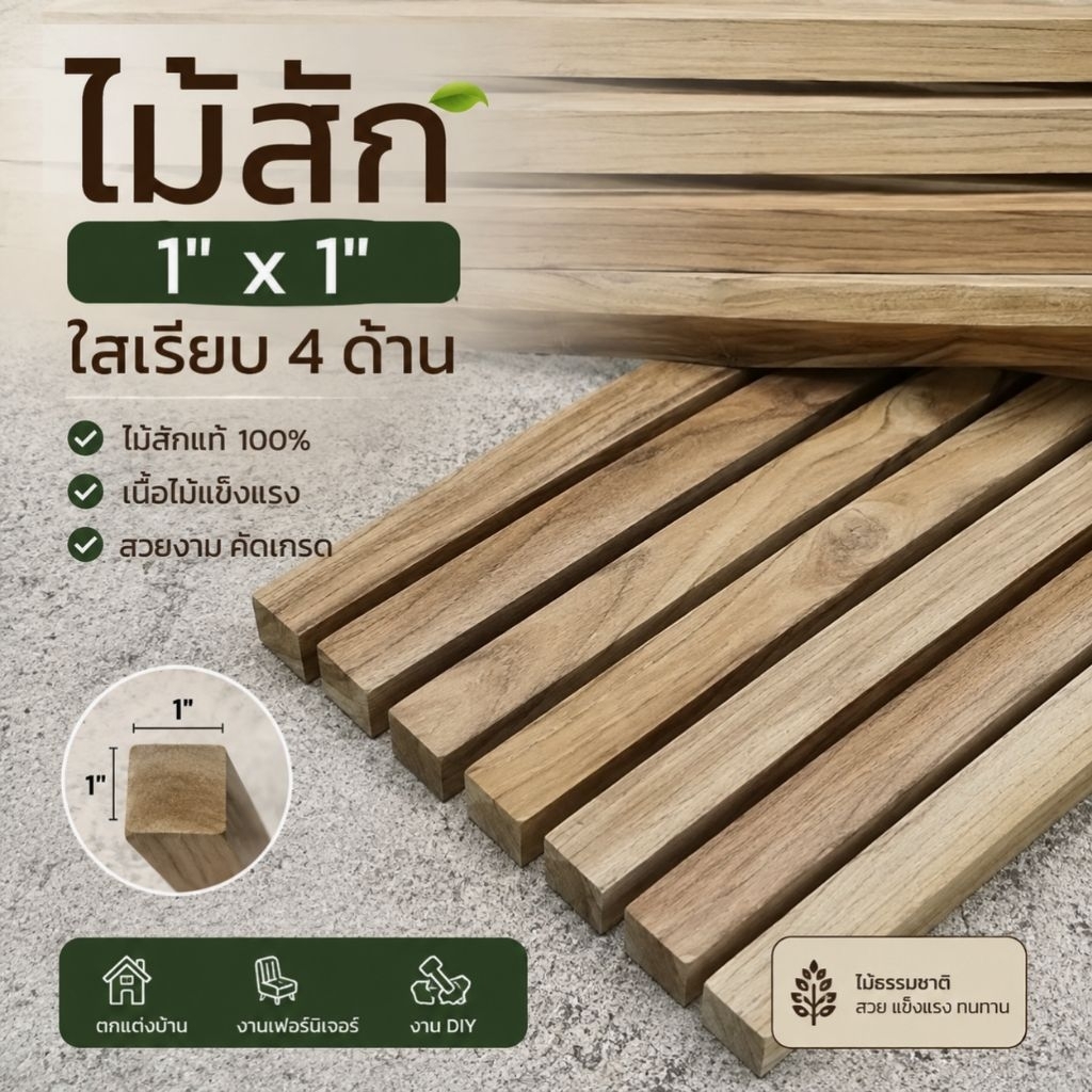 ไม้สัก กว้าง 1 นิ้ว หนา 1 นิ้ว รีดไสเรียบทั้ง4ด้าน เรียบไร้เสี้ยน ยาว 1 เมตร พร้อมใช้งาน สำหรับงานไม้ diy