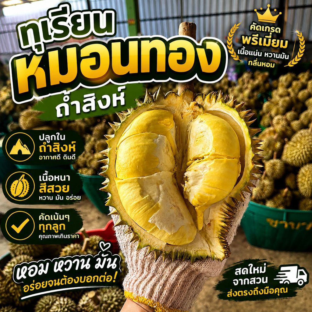ทุเรียนหมอนทองถ้ำสิงห์ สวนธรรมชาติตัดแก่ๆเนื้อแห้งๆ รับประกันเนื้อ100%