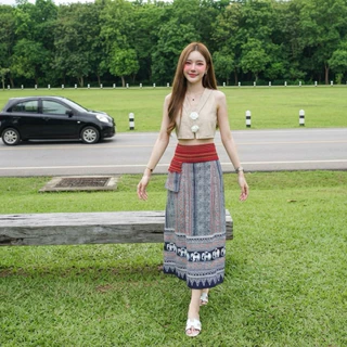 HOMJAI - กระโปรงผ้าไทยทรงเอ ผ้าฝ้ายพิมพ์ลาย กระโปรงยาวทรงสวย ใส่สวยใส่สบายค่ะ (สม็อคหลังยางยืด)