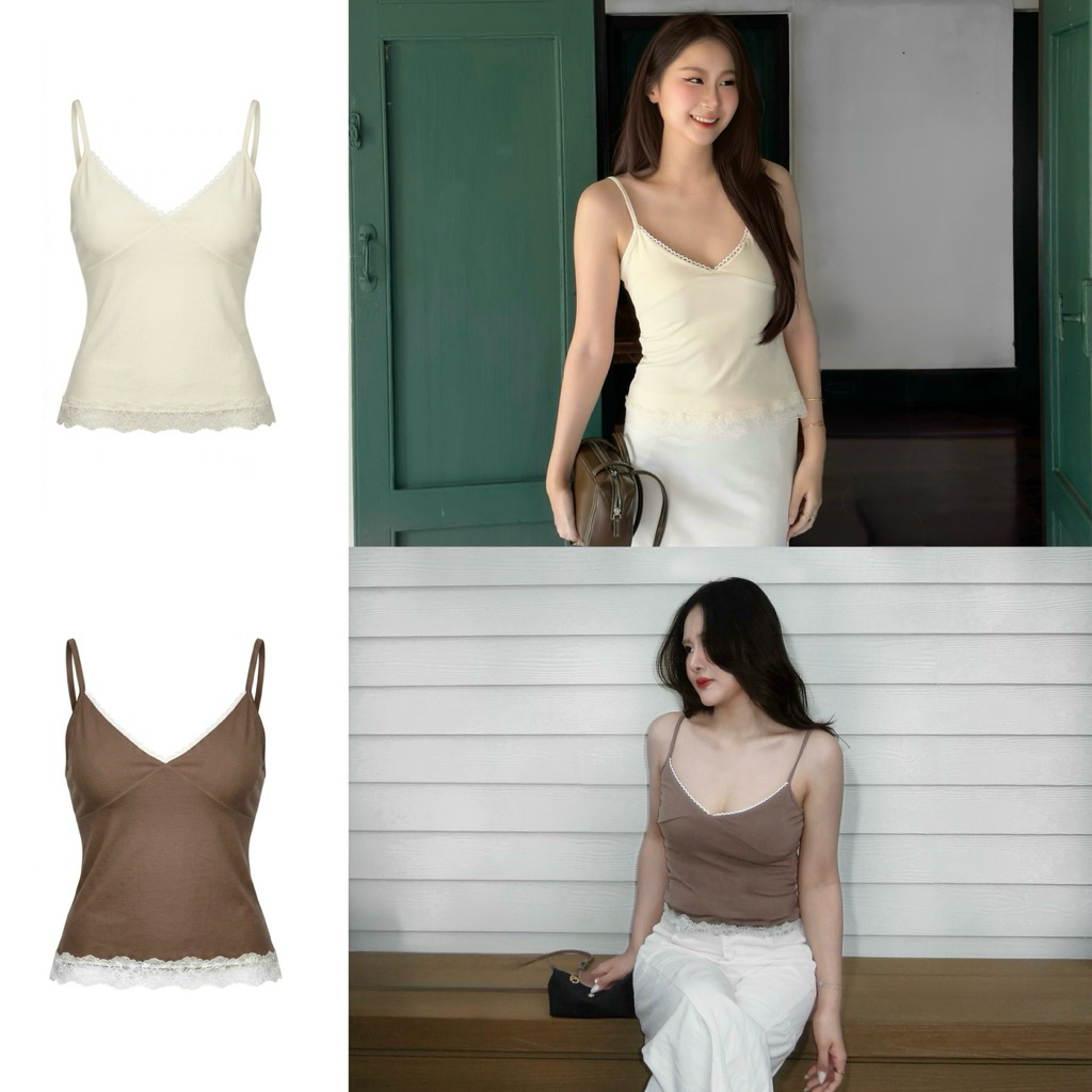เสื้อสายเดี่ยวลูกไม้ สายปรับได้ ผ้ายืดนิ่ม ใส่สบาย | Soft Lace Cami Top – Ryle.studio