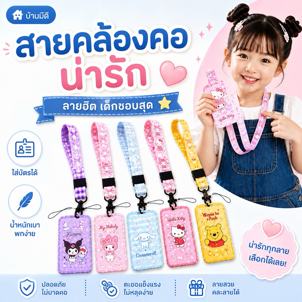 พร้อมส่ง🚗🚨ที่ใส่บัตรพร้อมสายคล้องคอ Sanrio ลายการ์ตูน ป้าย