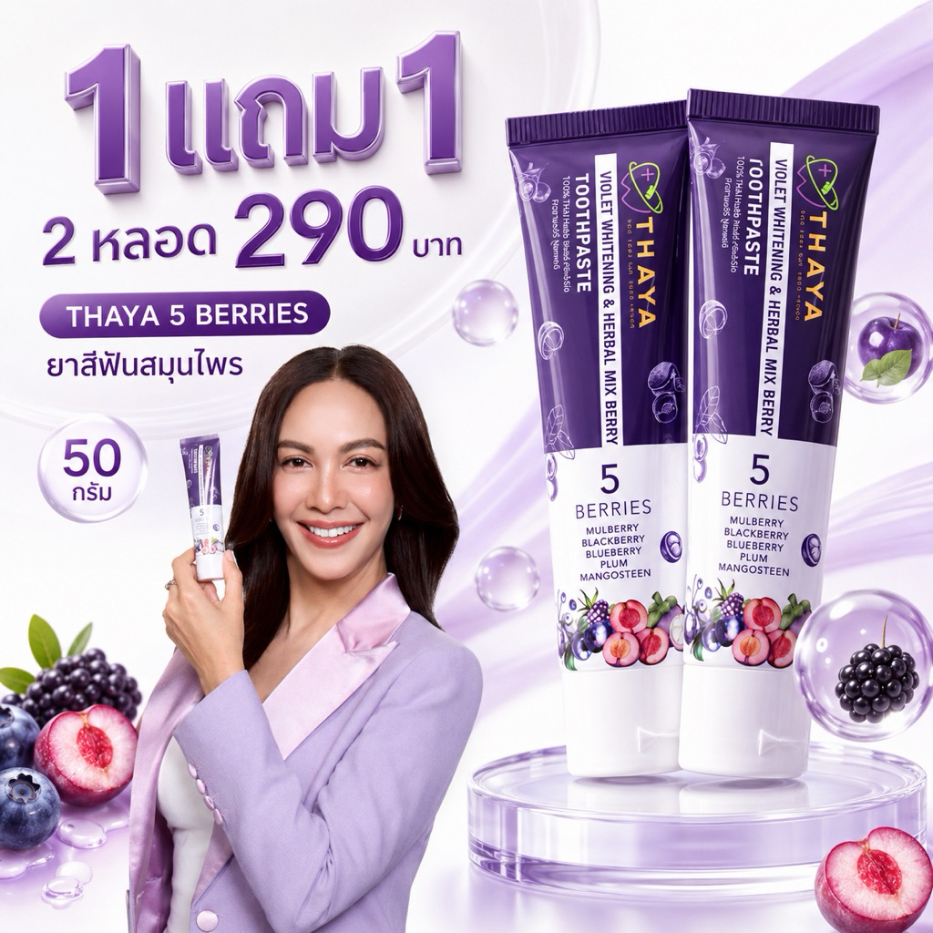 (( 2 หลอด. )) THAYA 🦷 ยาสีฟันสมุนไพร ทยา🍇 5 เบอร์รี่ ฟลูออไรด์ 1500ppm  ลมหายใจสดชื่น สูตรอ่อนโยน