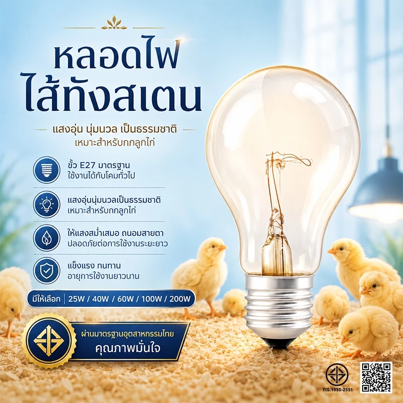 หลอดไฟไส้สแตน ขั้วE27 25W-200W หลอดไฟใส ให้แสงวอร์ม เหมาะเลี้ยงลูกไก่ ให้ความอบอุ่น ใช้ไฟ 200‑250V มาตรฐานอุตสาหกรรมไทย