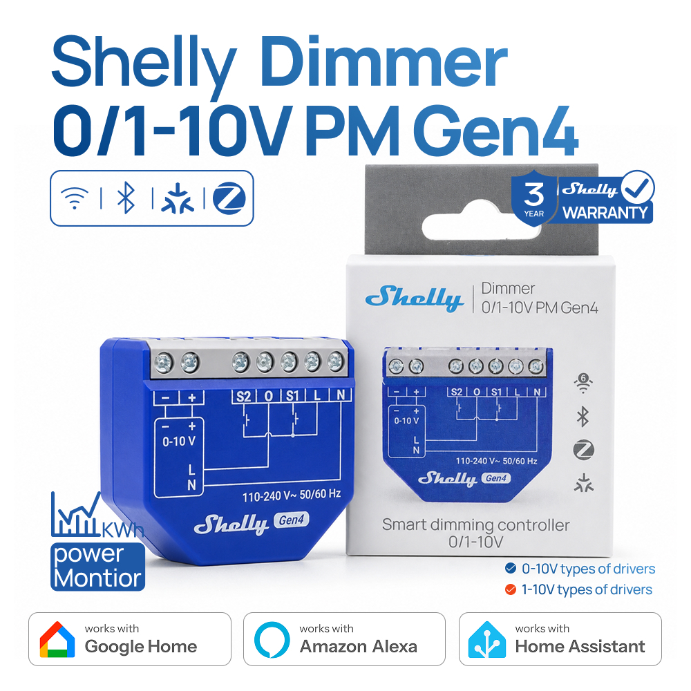 Shelly Dimmer 0/1-10V PM Gen4 สวิตซ์หรี่ไฟอัจฉริยะ WiFi Zigbee Matter ปรับแสงไฟ LED ควบคุมผ่านมือถือ วัดพลังงานไฟฟ้า
