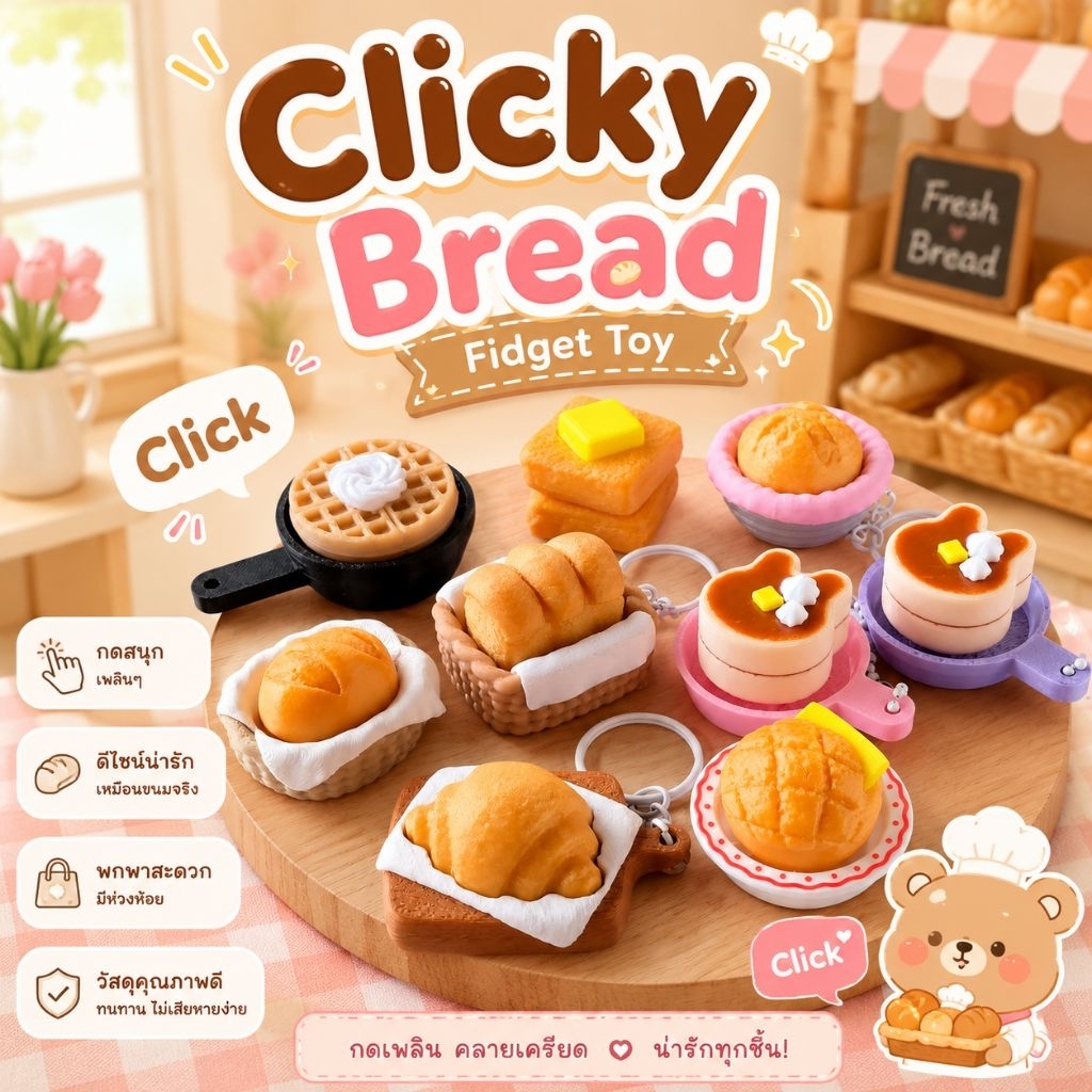 พวงกุญแจ "Bakery Fidget Clicker" (ปริ้น 3D)ของเล่นคลายเครียด ห้อยกระเป๋า ของฝากของที่ระลึก