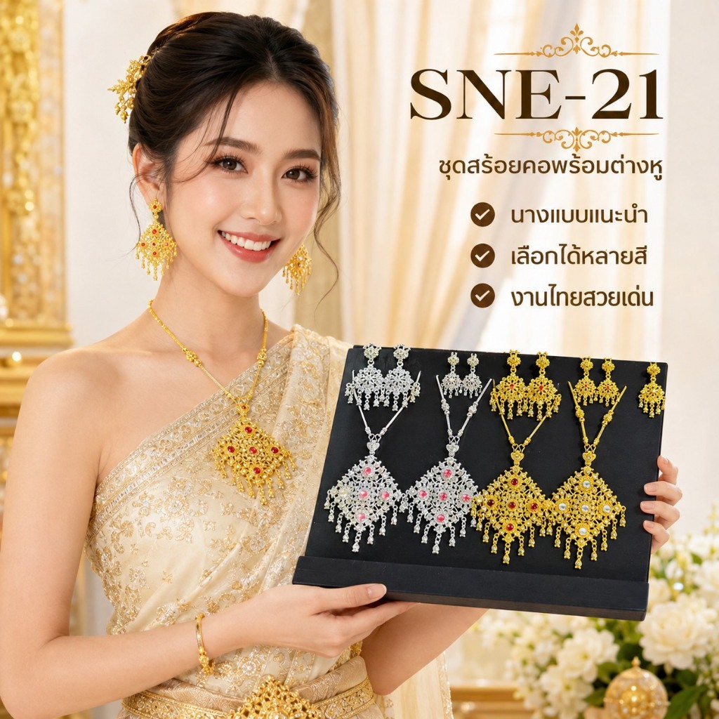 สร้อยชุดไทยประดับเพชร งานชุบเงินและทอง สง่างาม และมีเอกลักษณ์ สามารถสวมใส่ได้ทั้งเด็กโต วัยเรียน วัยรุ่น และผู้ใหญ่