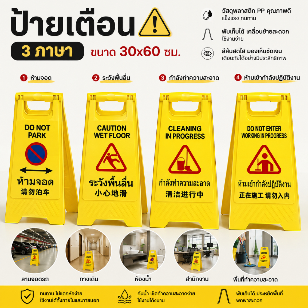 ป้ายเตือนกันลื่น พับเก็บได้ 3 ภาษา (ไทย/อังกฤษ/จีน) ป้ายเตือนตั้งพื้น ระวังพื้นลื่น ห้ามจอด (ร้านในไทย)
