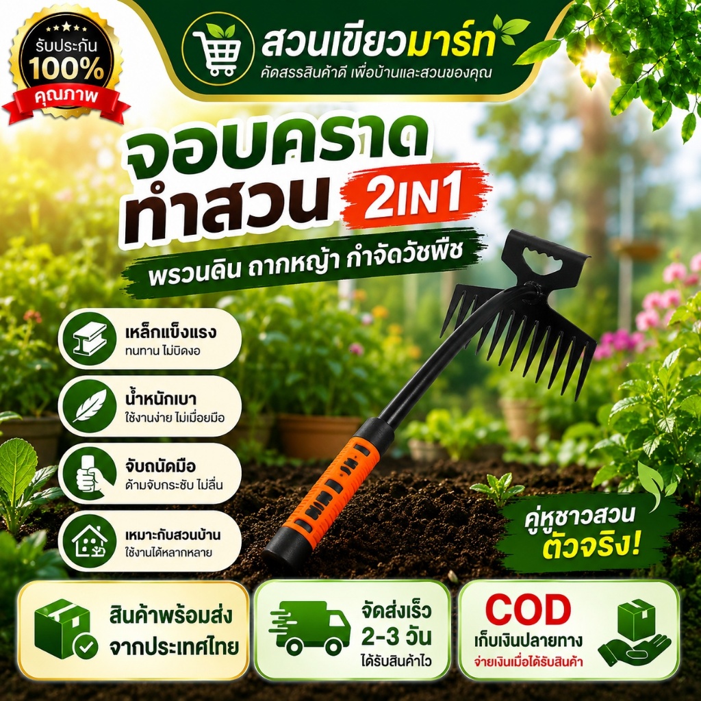 สวนเขียวมาร์ท （COD）เครื่องมือพรวนดินจอบคราด 2IN1 สำหรับงานสวนและเกษตร ใช้ขุดดิน ถากหญ้า เก็บเศษวัชพืช และเกลี่ยหน้าดินก่