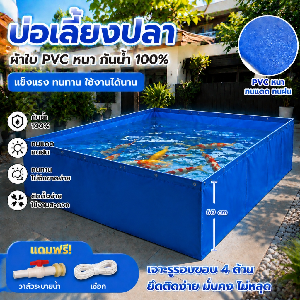 บ่อปลา PVC สำเร็จรูป ผ้าใบรองบ่อปลา สีฟ้า หนาพิเศษ 500g สูง 60cm 80cm แถมวาล์วระบายน้ำ+เชือก กันรั่ว ใช้งานง่าย