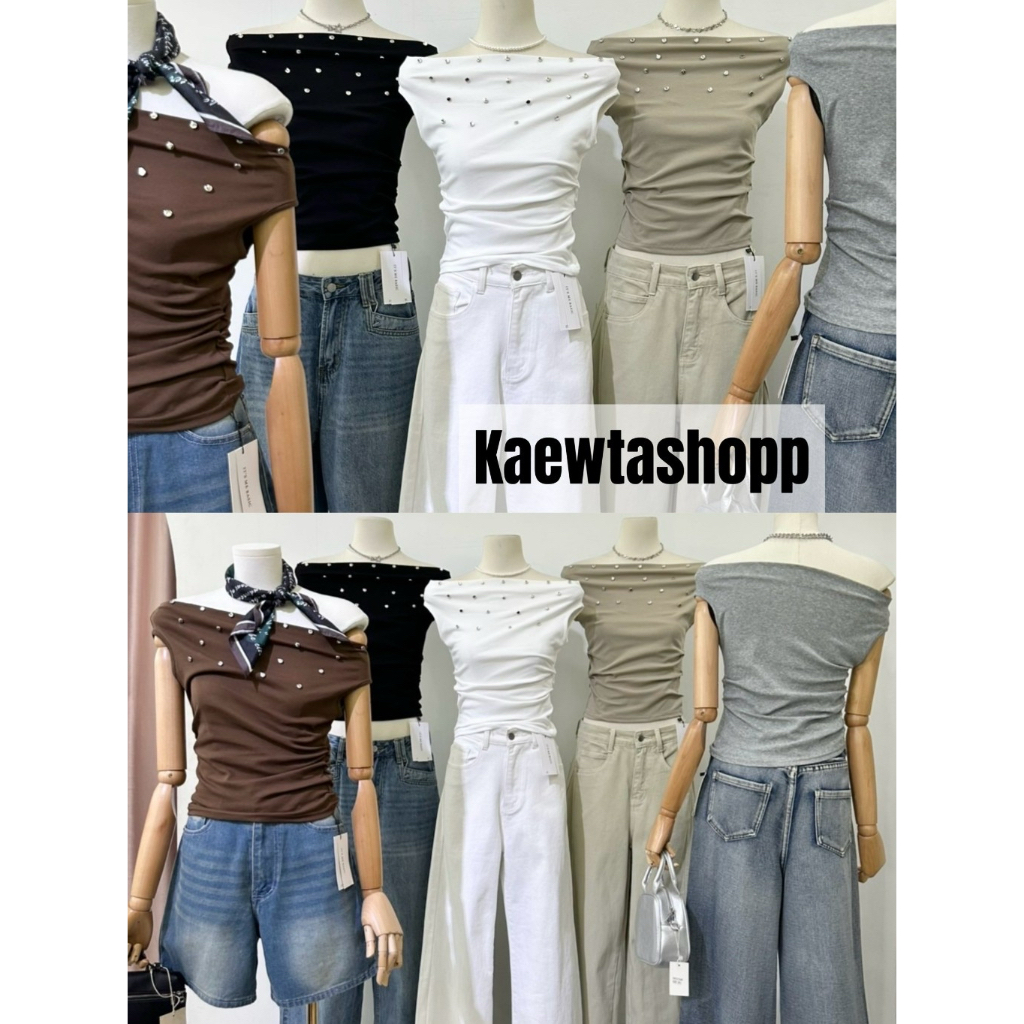 ป้าย it's me basic/ Matinee เสื้อปาดไหล่ ปักหมุด ผ้านิ่มยืด ไหล่เฉียง เกาะไหล่ เอวจั๊ม ถ่ายจากสินค้าจริง kaewtashop