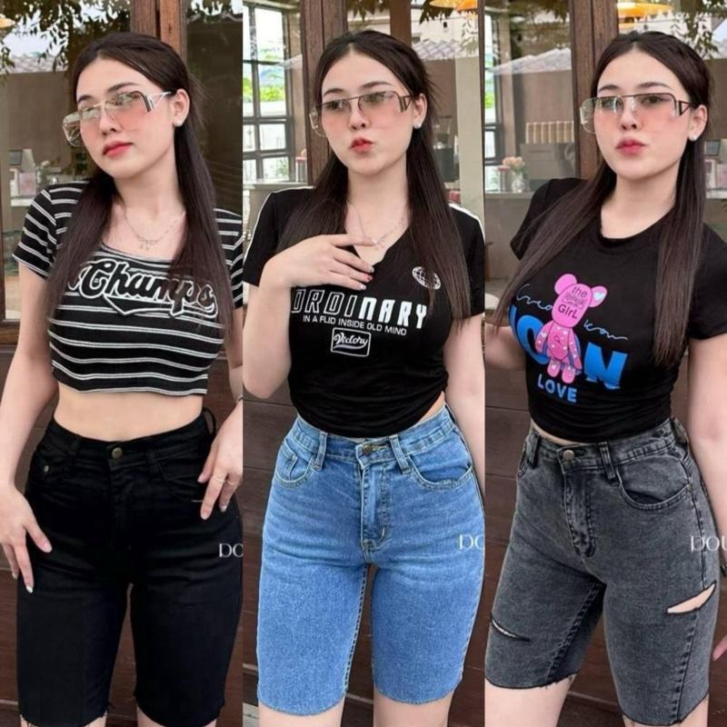Double - DBBJCP Jorts Shorts กางเกงยีนส์ 3 ส่วนรัดรูป ผ้ายืดแต่งขาด