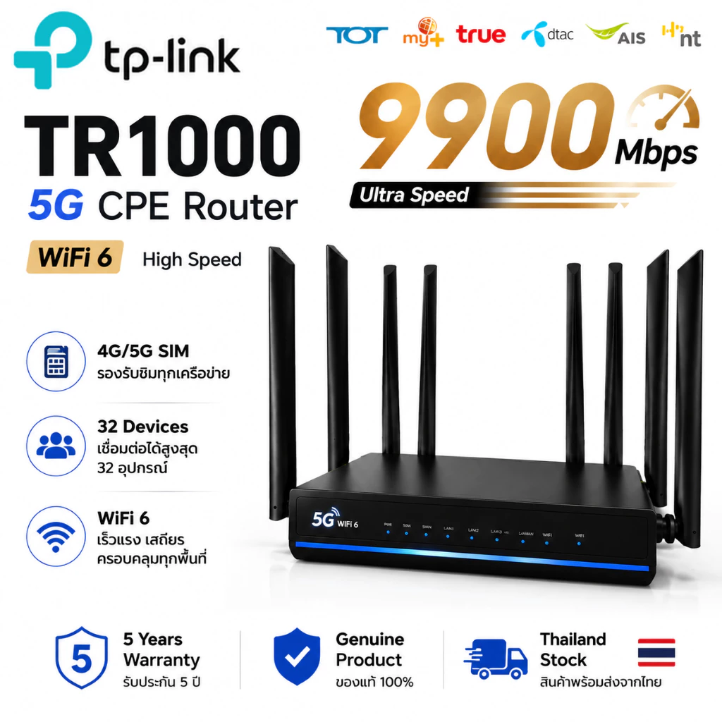รับประกัน 5 ปี เร้าเตอร์ใส่ซิม 9900Mbps WiFi-6 5G/4G อินเทอร์เน็ตเร็วกว่าจรวด ใช้ได้กับซิมทุกเครือข่าย Router