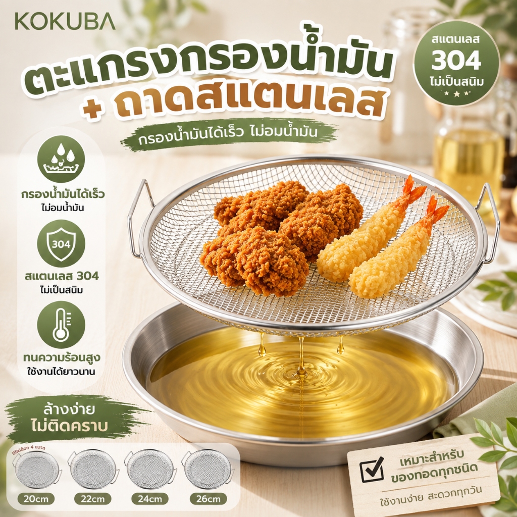 2 ชิ้น ชุดถาดกรองน้ำมันสแตนเลส ถาดพร้อมตะแกรง สำหรับกรองน้ำมันทอด 4 ขนาด 20-26 cm