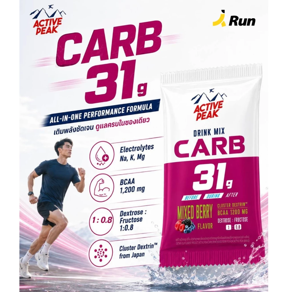 Active Peak 31g CARB DRINK MIX เครื่องดื่มคาร์โบไฮเดรต 31กรัม พร้อม BCAA และ Electrolytes มีฮาลาล