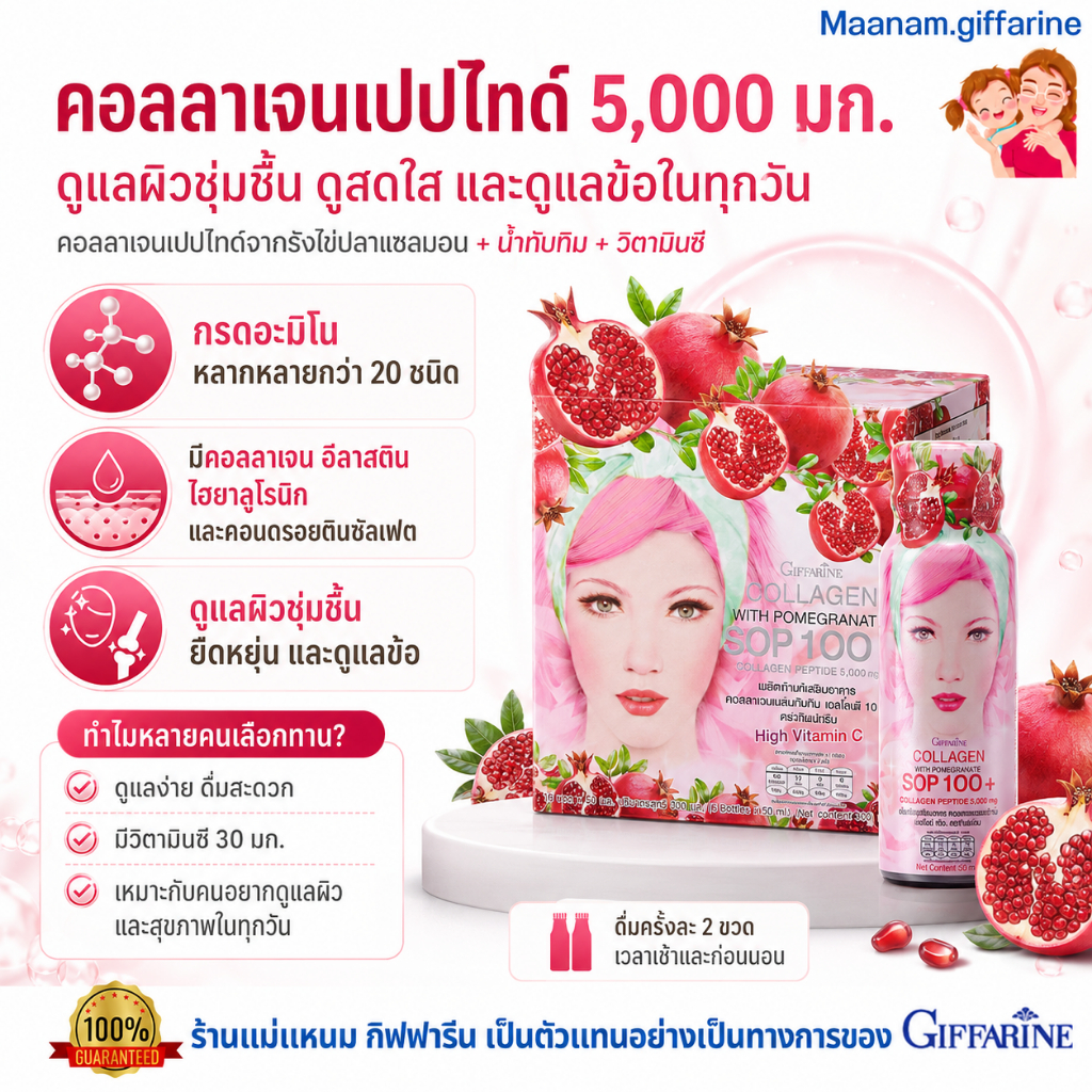 คอลลาเจน SOP 100+ผสมน้ำทับทิม กิฟฟารีน ดูแลสุขภาพผิวและข้อ Giffarine Double Maxx Collagen SOP 100+