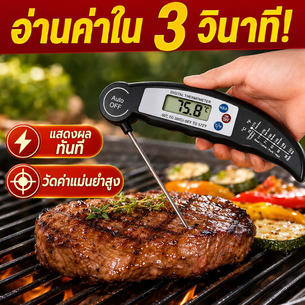 ขายดี เครื่องวัดอุณหภูมิอาหาร เทอร์โมมิเตอร์ย่าง ความแม่นยำสูง อ่านค่าเร็ว แสดงผลชัดเจน สอบเทียบได้ สำหรับครัว BBQ