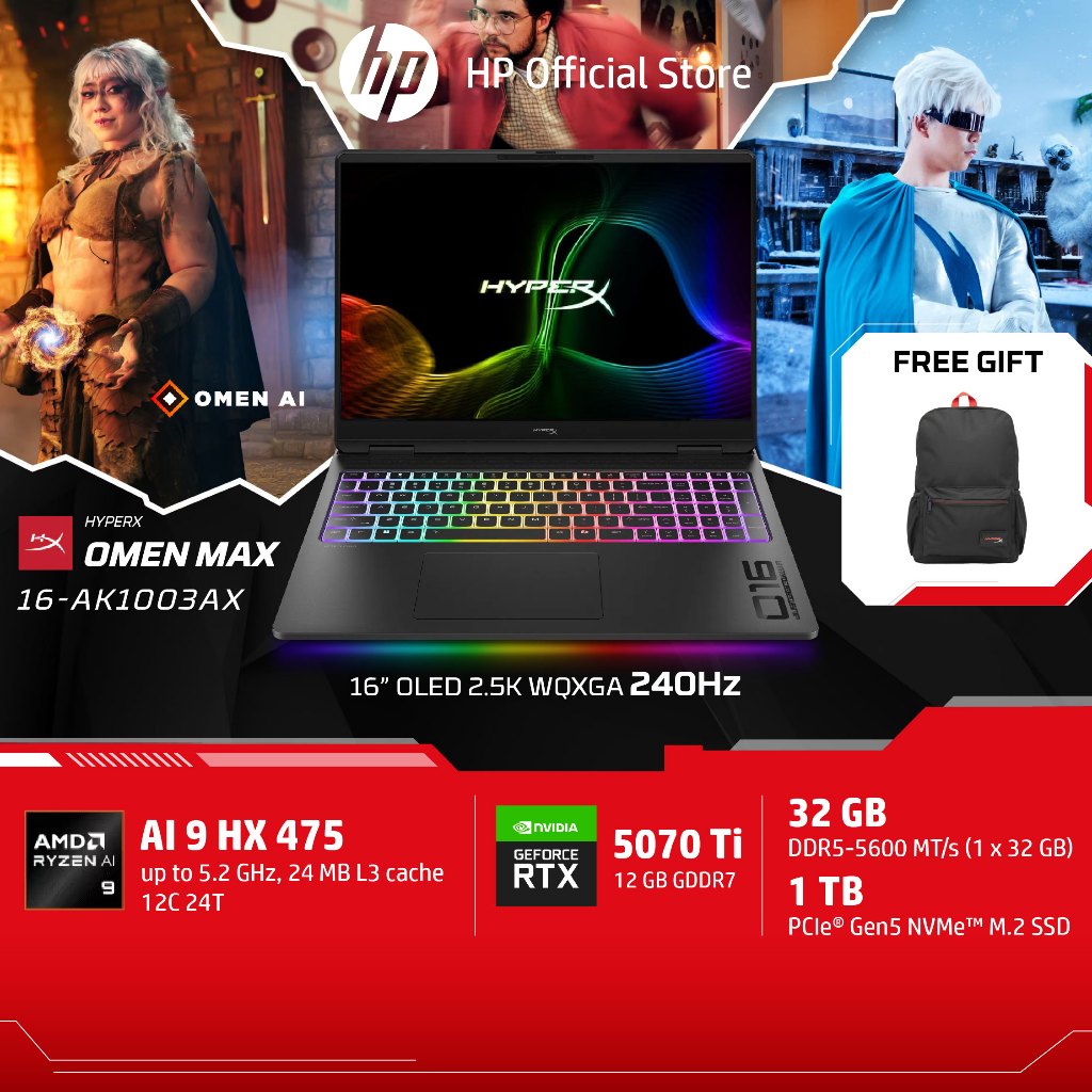 HyperX OMEN MAX 16 | AMD Ryzen AI 9 HX 475 | RTX 5080 | 32GB/1TB | 16" 2.5K OLED 240Hz |  RGB | Win 