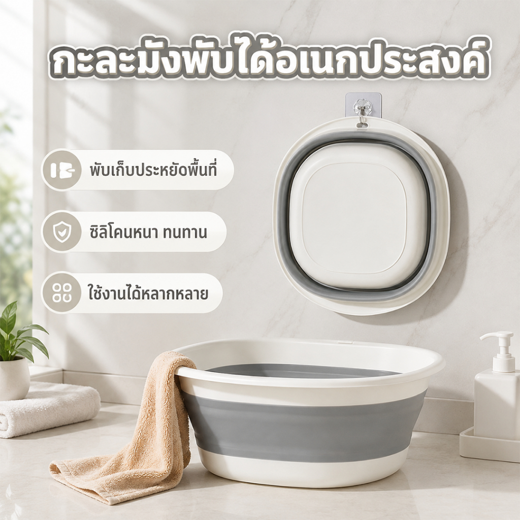 กะละมังพับได้ แบบพกพา ซิลิโคนอเนกประสงค์ ประหยัดพื้นที่ ใช้ล้างหน้า ซักผ้า ล้างผัก ตั้งแคมป์ มี 3 ขนาดให้เลือก