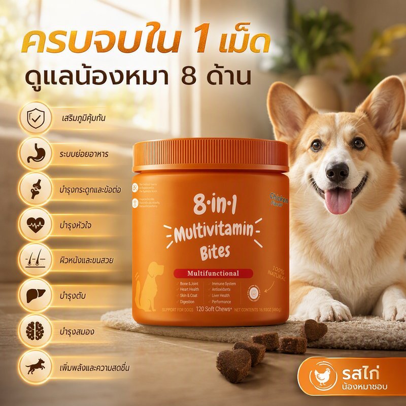 วิตามินหมา Multivitamins ขนมสุนัข ใช้สำหรับ การทำงานของลำไส้ บำรุงสะโพกและข้อต่อสุขภาพหัวใจ 120ชิ้น
