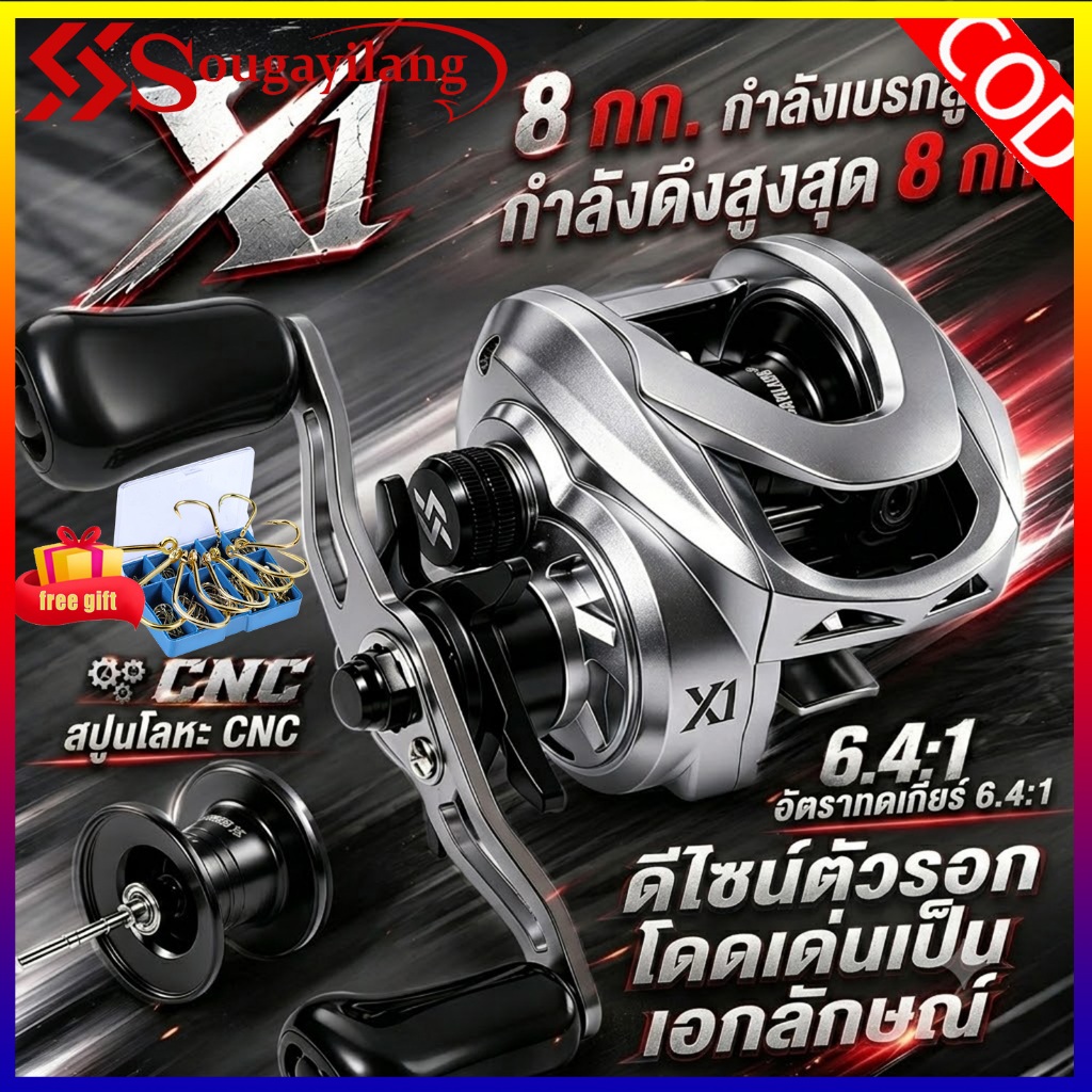 [2026 ใหม่ล่าสุด] Sougayilang รอกหยดน้ำ เบรก 8KG อัตราทด 6.4:1 สปูนอัลลอยด์ CNC ระบบเบรกแม่เหล็ก 10 เม็ด ตีไกล สายไม่ฟู่