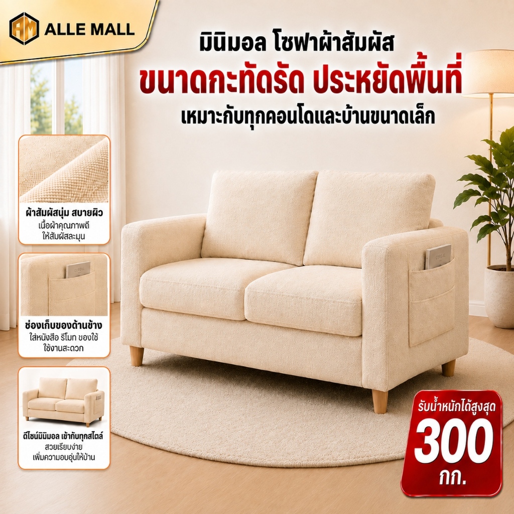 ALLE โซฟา โซฟาเบด 1/2/3ที่นั่ง นุ่มและสบาย หมอนฟรี สไตล์อเนกประสงค์ โซฟาทรงบล็อกเต้าหู้ ความงาม