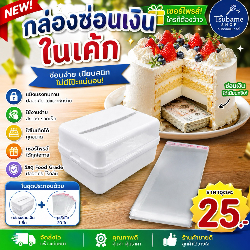 กล่องดึงเงินในเค้ก พร้อมซองใส่เงิน20ซอง