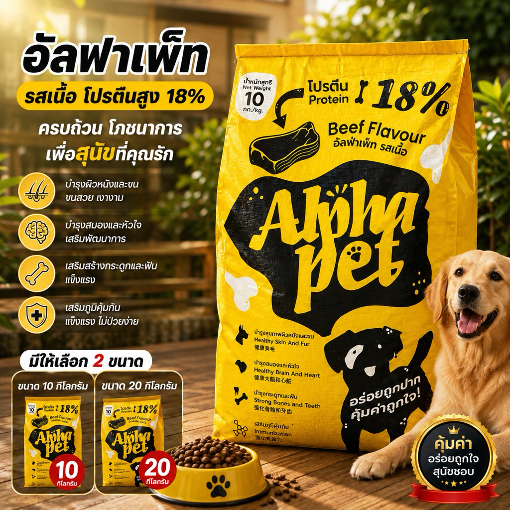 อาหารสุนัขรสเนื้อ กระสอบ10และ20กิโลกรัม Alpha Pet