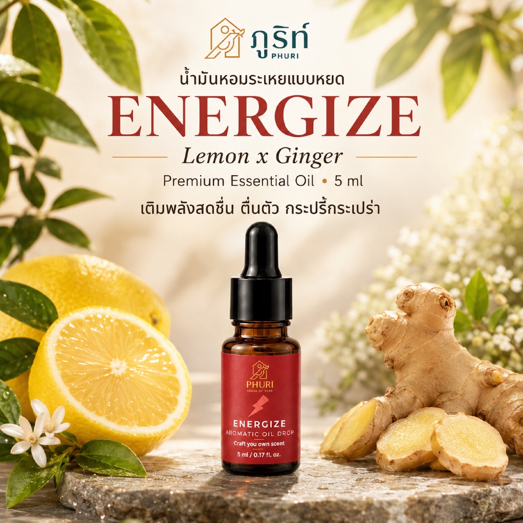 น้ำมันหอมระเหยแบบหยด กลิ่น ENERGIZE Premium Essential oil (Aromatic Oil Drop) ตราภูริท์ PHURI HOUSE of HERB