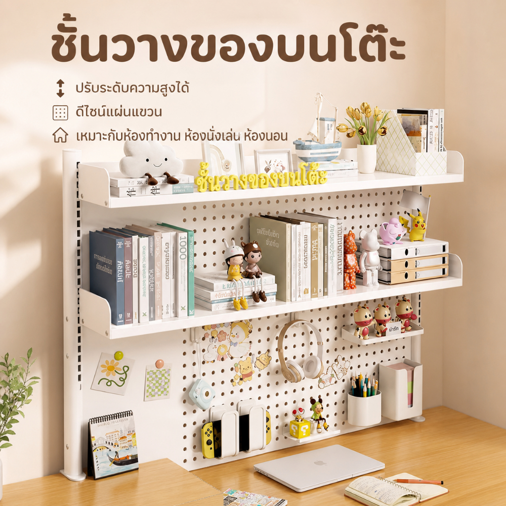 Pegboard ชั้นวางตั้งโต๊ะ DIY ปรับความสูงได้ ชั้นเก็บของเหล็ก จัดโต๊ะคอม ประหยัดพื้นที่